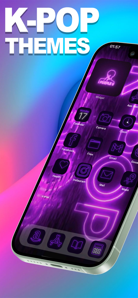 Kpop Themes & Widgets - Tema K-pop estético de neón púrpura personalizado en un iPhone con iconos y widgets estéticos.