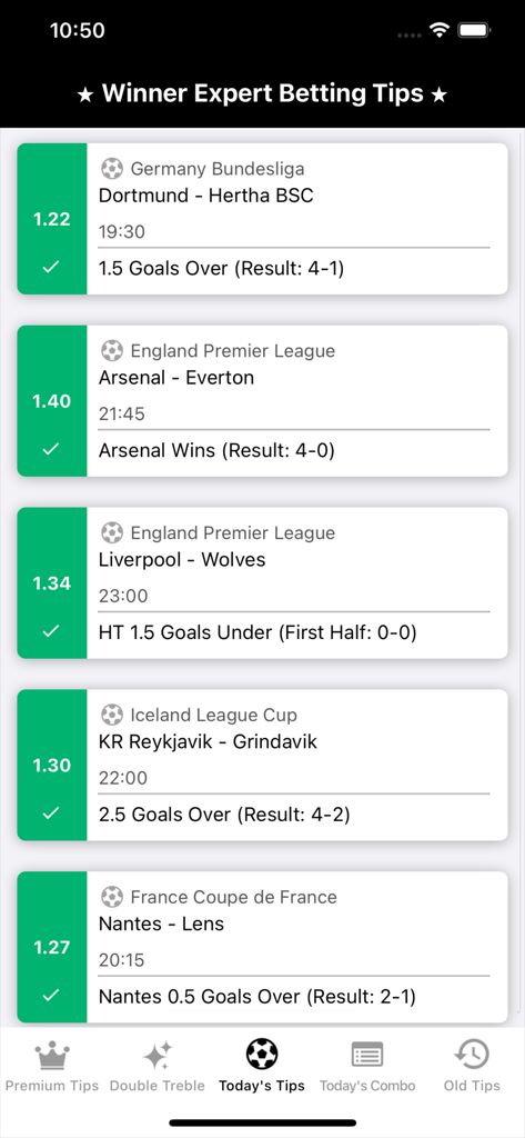 Daily soccer betting tips and predictions interface in the Winner Expert app