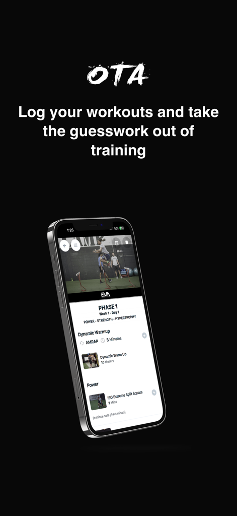 OTA Training - OTAトレーニングアプリのワークアウトログが表示されたスマートフォン。フェーズ1のパワー＆ストレングスルーティンが含まれている。