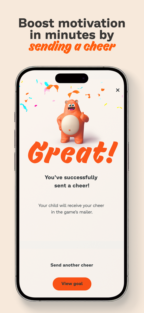 Interface showing a successful cheer sent to a child in the Prodigy for Parents app