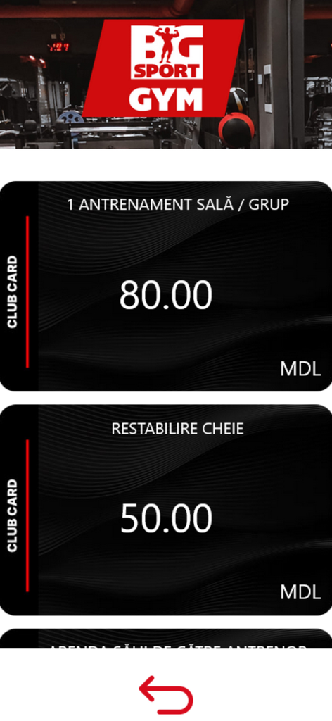 BigSportGym - Digital club card options and pricing for gym sessions in the BigSportGym app interface