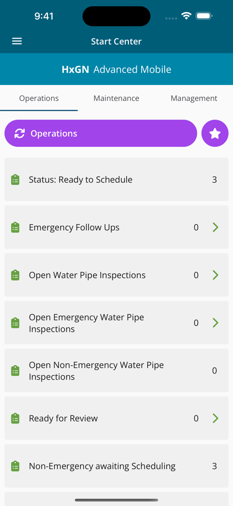 HxGN EAM Digital Work mobile interface showing the operations dashboard with various inspection and maintenance task categories