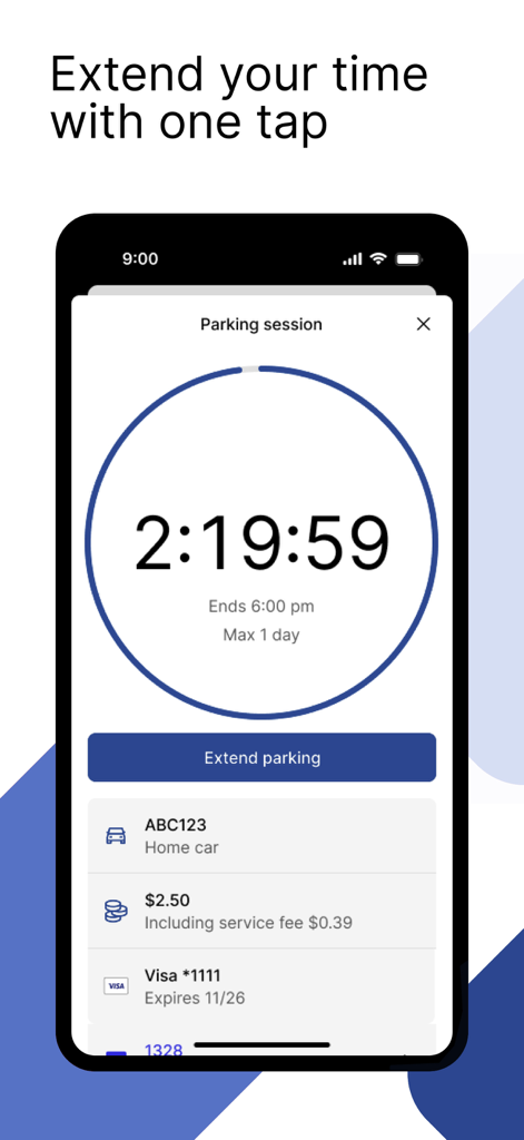 ParkColumbus - ParkColumbus mobile app interface showing a parking session timer and a button to extend parking time