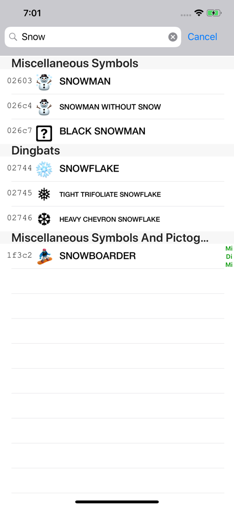 Search results for snow themed symbols in the Unicode Character Viewer app.