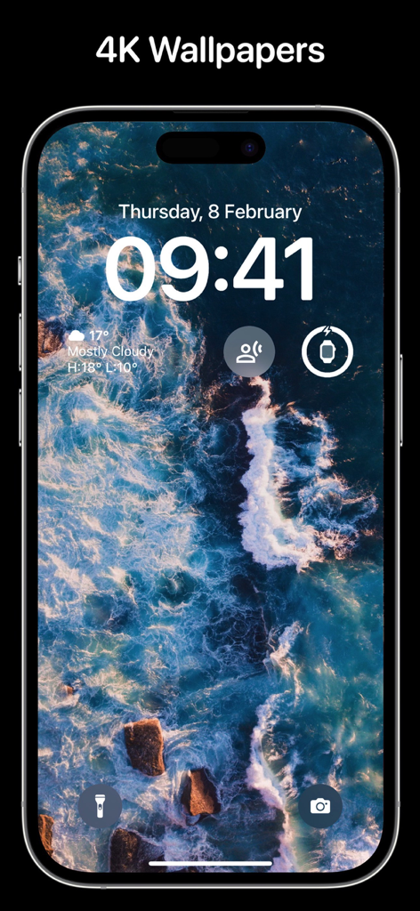 Blocco schermo iPhone che mostra uno sfondo aereo di onde oceaniche 4K di alta qualità dall'app Everpix