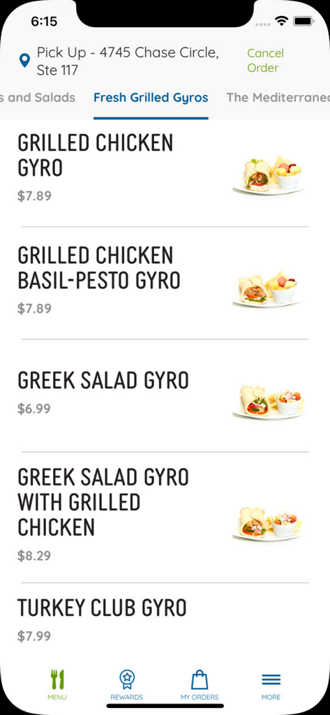Uno screenshot dell'app mobile Taziki's Cafe che mostra la sezione del menu dei Gyros Freschi alla Griglia con prezzi e immagini delle diverse opzioni di gyro.