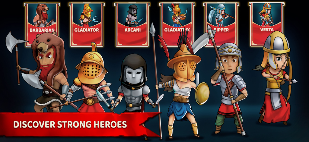 A lineup of strong heroes including Barbarian and Gladiator in the Grow Empire Rome strategy game