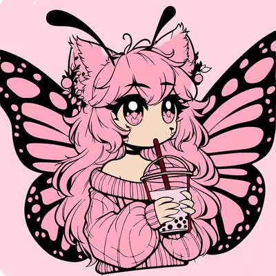 a realistic butterfly/furry girl drinking boba