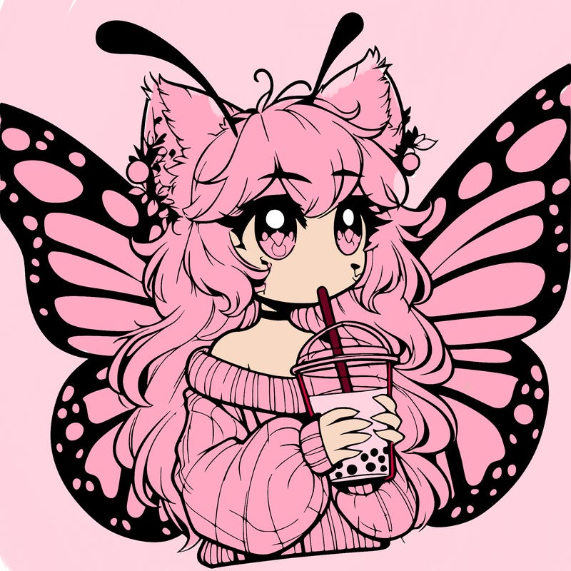 a realistic butterfly/furry girl drinking boba