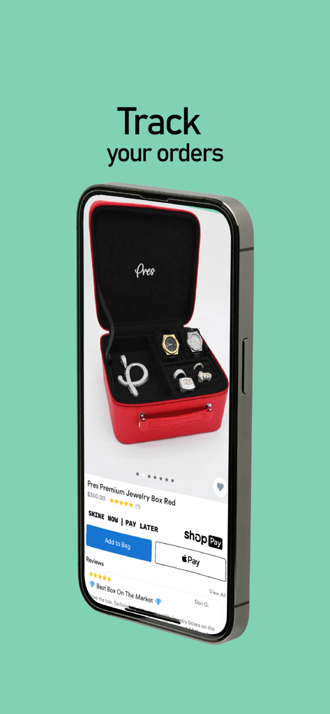 Gold Presidents - Gold Presidents mobile app showing a premium red jewelry box with an order tracking headline