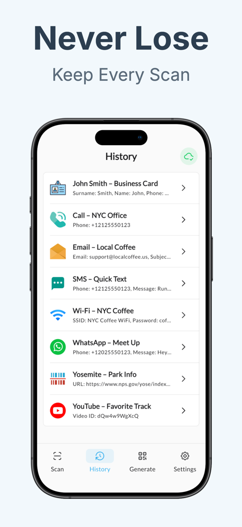 QRBot: Reader & Maker - Bildschirm der mobilen App zeigt eine Historie gescannter QR-Codes, einschließlich Visitenkarten und WLAN-Details