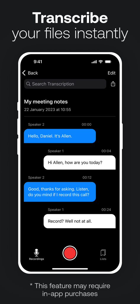 A smartphone showing the TapeACall app interface with a text transcription of a recorded phone conversation organized by speaker