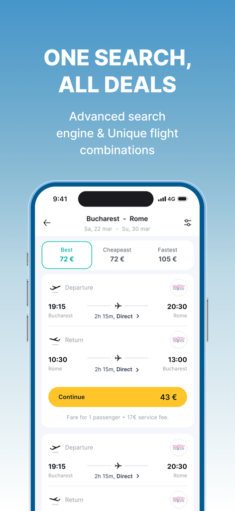 GoVola mobile app interface showing flight search results from Bucharest to Rome with various price options