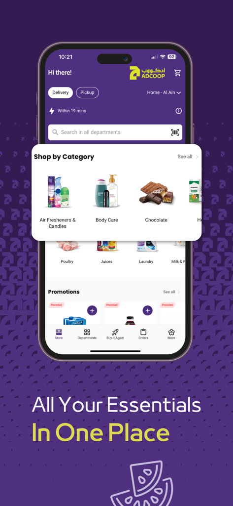 ADCOOP - Startbildschirm der ADCOOP-App mit Lebensmittelkategorien wie Körperpflege und Schokolade und dem Slogan Alle wichtigen Dinge an einem Ort.