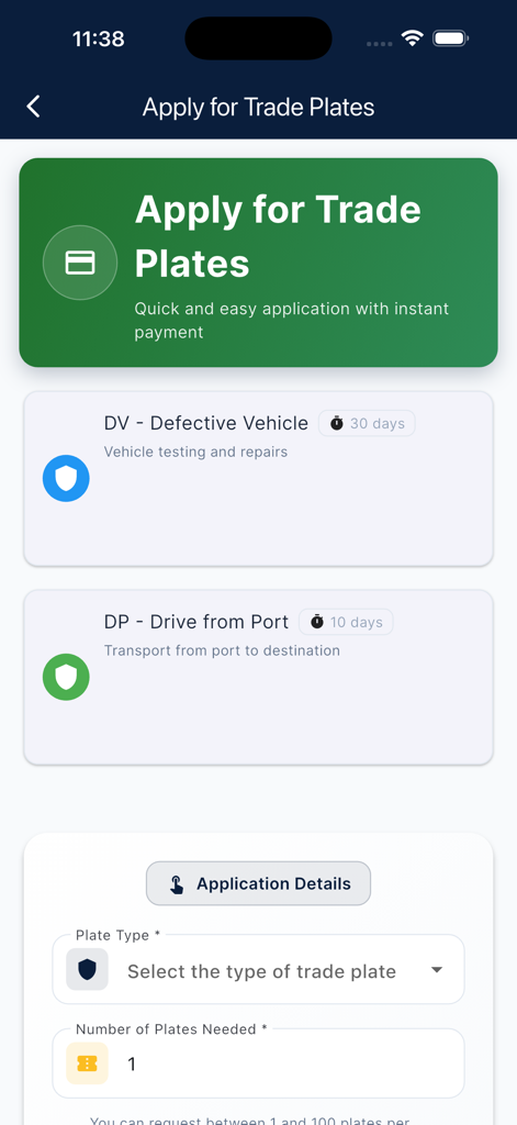 DVLA Ghana - Mobile screen for applying for trade plates in the DVLA Ghana app