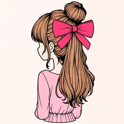 realistic girl  with hip length hair a bun and a big bow on the back of head