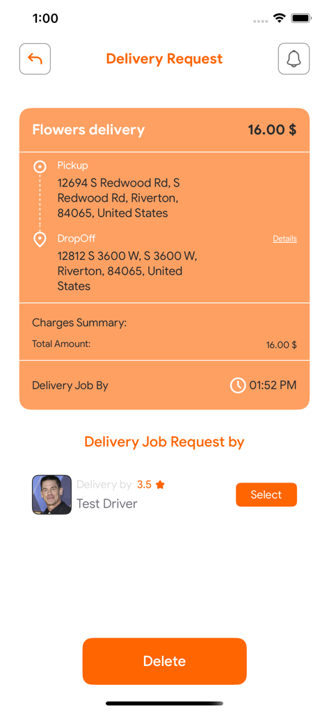 Bytech Systems Services - Mobile app screen showing a delivery request for flowers with pickup and drop-off addresses