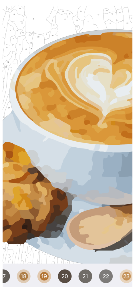 Oil Painting - Color By Number - Digital oil painting of a coffee cup and cookie in a color by number app