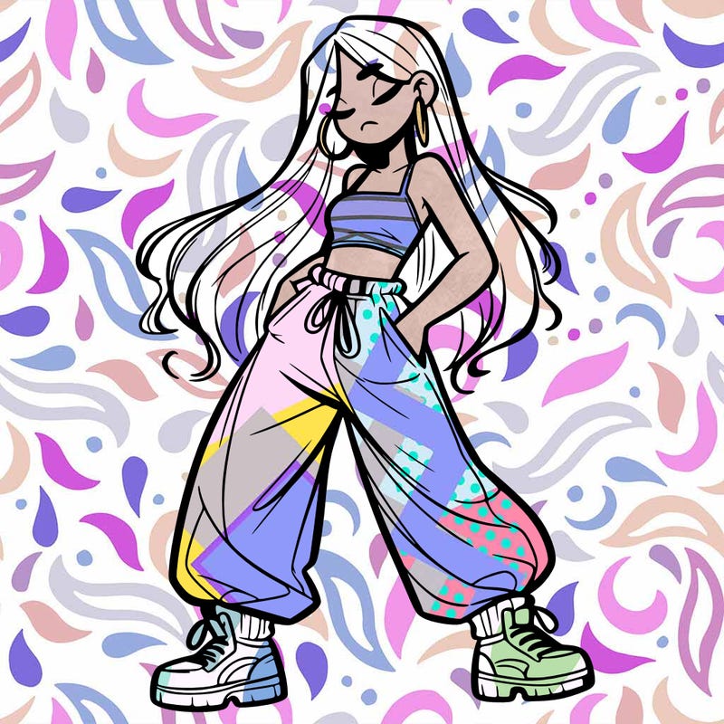 girl in baggy pants crop top and long hair