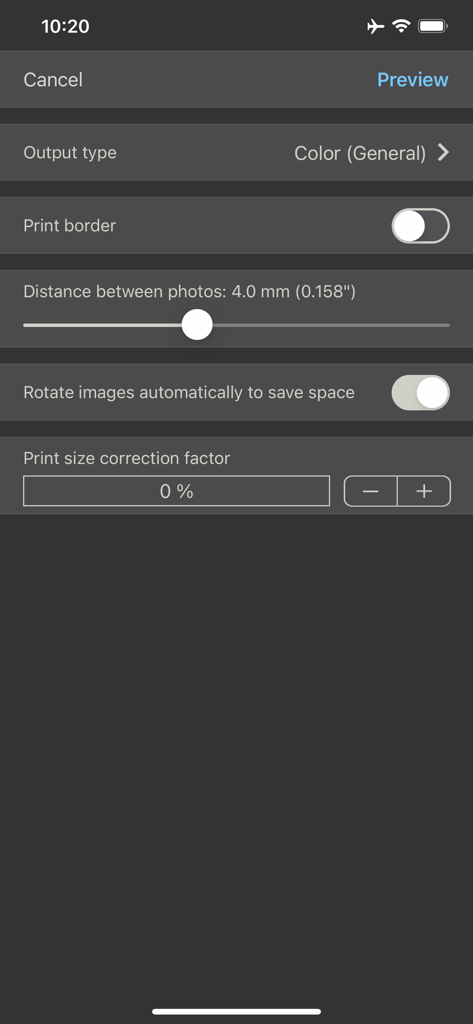 Photo Printing - Menú de configuración de la aplicación de impresión de fotos que muestra opciones de diseño para el espaciado de bordes y la rotación automática.