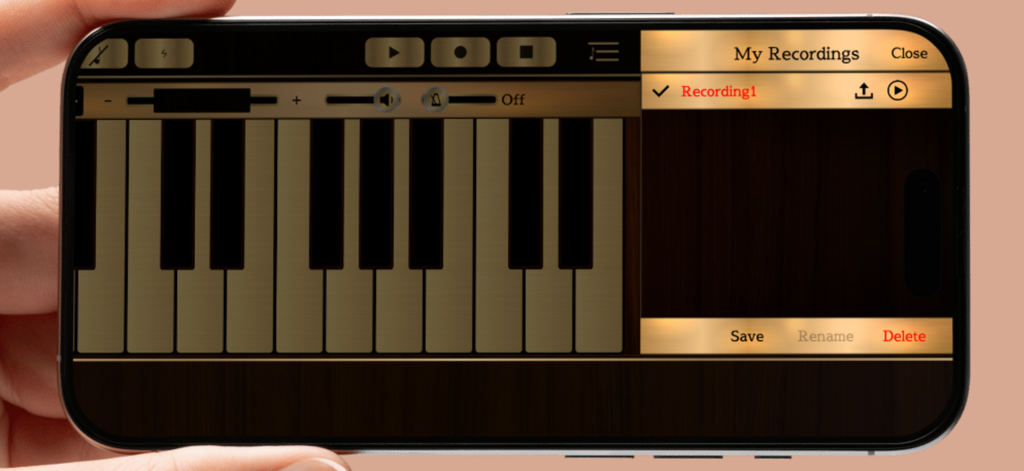 音楽キーボードと保存された録音のリストを備えたKalimba Simアプリの録音管理画面を表示するスマートフォン。