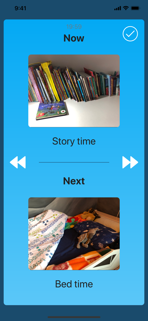 Una interfaz de aplicación de horario visual que muestra 'Ahora' como Hora del cuento y 'Siguiente' como Hora de dormir con fotos personalizadas.