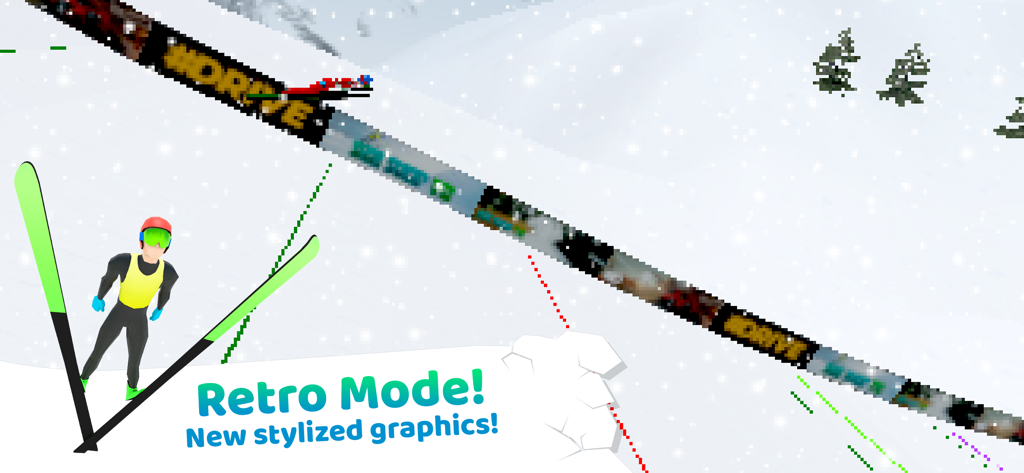 Ski Jump 18 gameplay showing retro mode with stylized pixel art graphics and a ski jumper