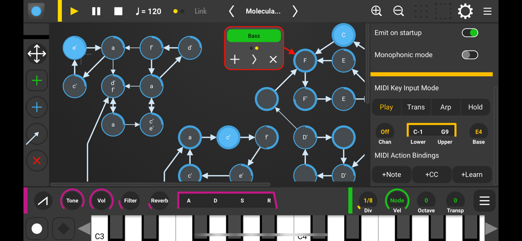 Interface of a non-linear graph-based music sequencer showing connected nodes and synthesizer controls