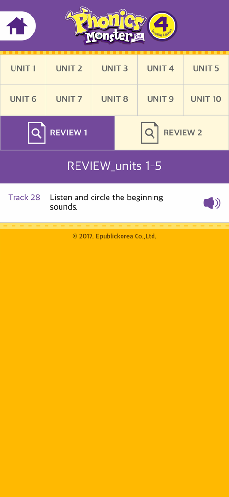 Phonics Monster 2nd - フォニックスモンスター4アプリのインターフェース、ユニットのグリッドとリスニングレビューアクティビティを表示