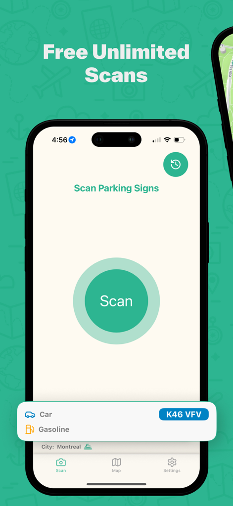 ParkUsher: Find Parking Easily - ParkUsher mobile app interface showing the free unlimited AI parking sign scanner screen