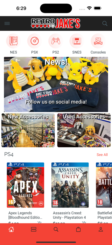 Home screen of Retro Jakes Mobile app featuring retro gaming categories and merchandise