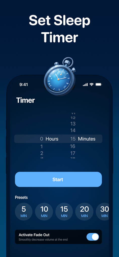 Sleep timer settings screen in Fan Noise app showing presets and fade out option