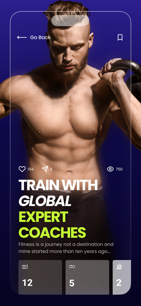 Onemor: Workout & Fitness App - Entrenador musculoso con una pesa rusa promocionando entrenadores expertos globales en la pantalla de la app de fitness Onemor.