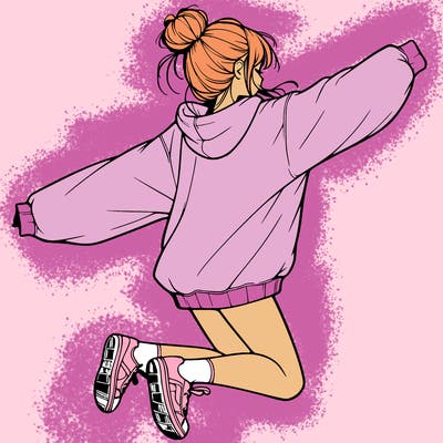 realistic girl jumping with a bun and oversized sweatshirt