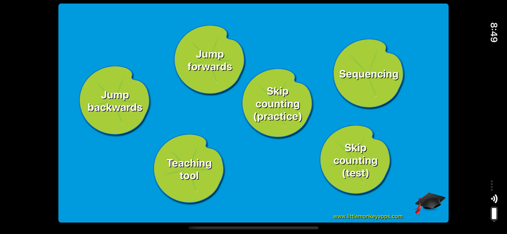 Number Lines School Edition - Main menu of the Number Lines School Edition app featuring lily pad buttons for math activities including skip counting and sequencing