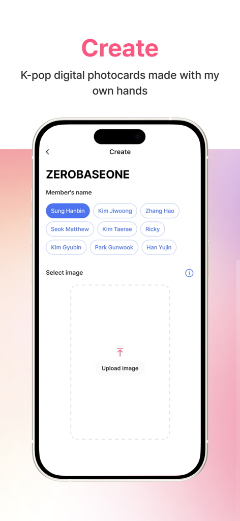 Interfaz de la app tin que muestra el proceso de creación de una photocard digital K-pop para miembros de ZEROBASEONE