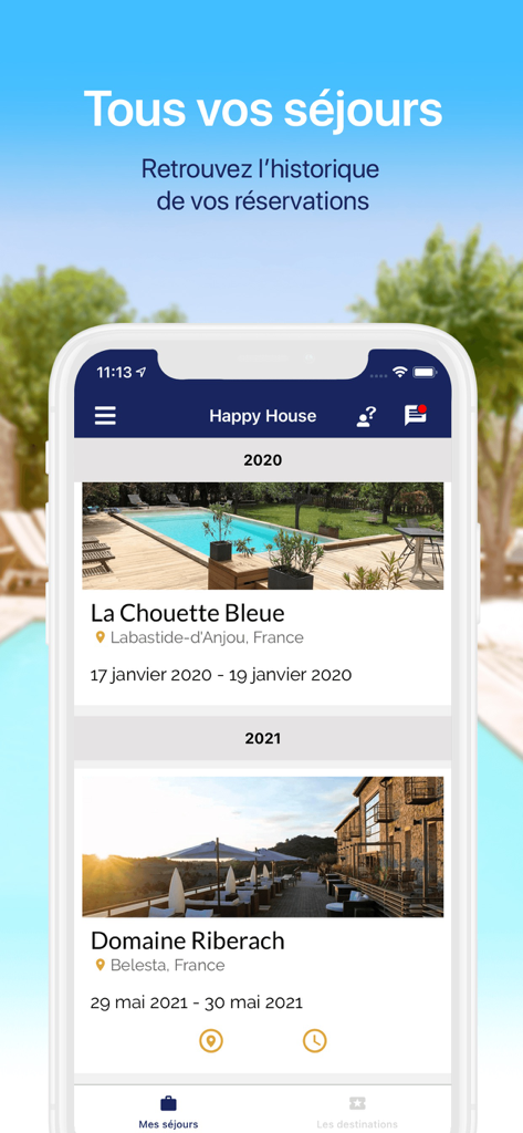 Happy House - Happy House app screen showing past luxury vacation bookings in France