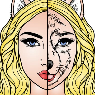 split face realistic woman and wolf