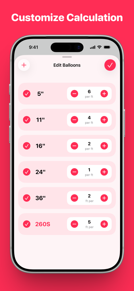 Balloon Calculator - Pantalla de aplicación móvil para personalizar tamaños y cantidades de globos por pie para la planificación profesional de guirnaldas