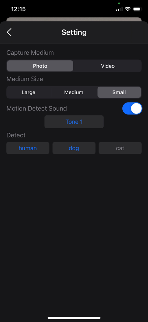 Settings screen of the Motion Detector Camera app showing options for capture medium, size, motion sound, and human or pet detection.