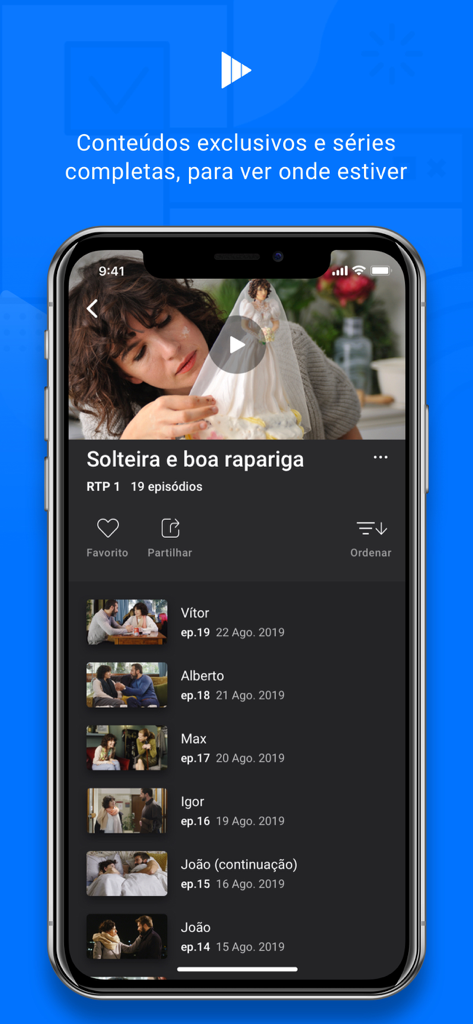 Screenshot móvel da aplicação RTP Play a mostrar uma lista de episódios de uma série de TV portuguesa.