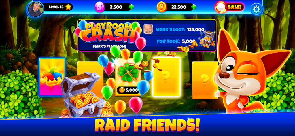 Xtreme Bingo! Slots Bingo Game - Un personnage de renard de dessin animé faisant un clin d'œil pendant le mini-jeu Raid Friends Playroom Crash dans Xtreme Bingo, montrant des pièces et des coffres au trésor.