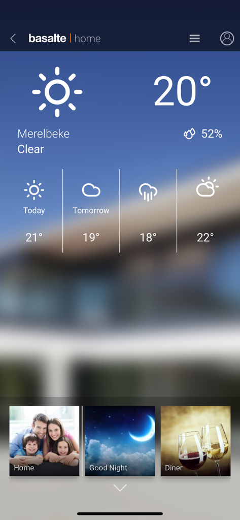 Basalte Home app dashboard showing weather forecast and home automation scenes