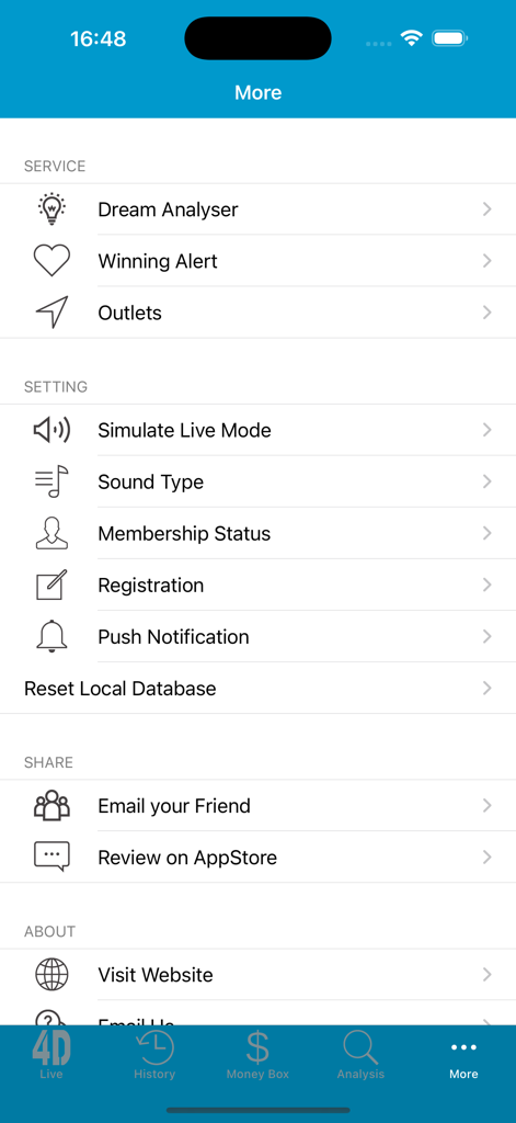 SG Live 4D - Pantalla del menú más de la aplicación SG Live 4D que muestra opciones para Analizador de Sueños, Alerta de Ganancias y configuración de sonido.