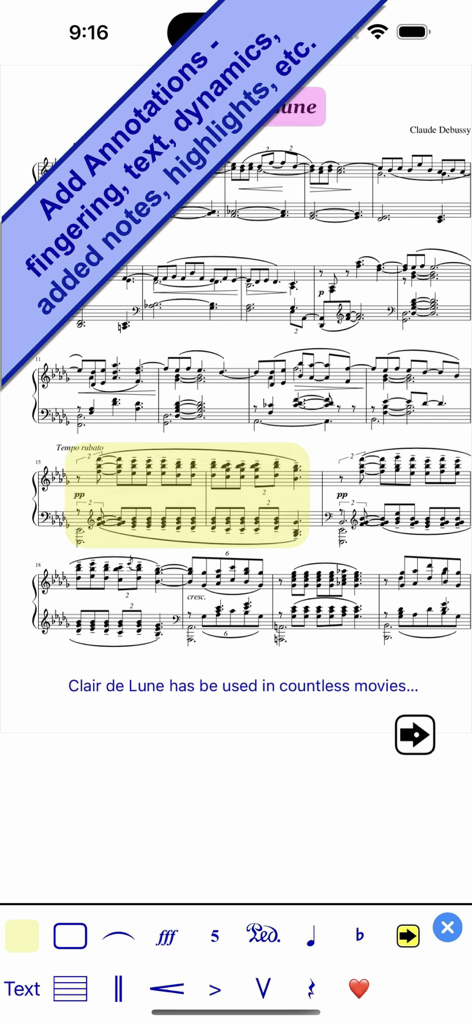 Sheet Show - Interfaz de la aplicación Sheet Show mostrando partituras digitales con anotaciones personalizadas y una barra de herramientas para símbolos musicales.