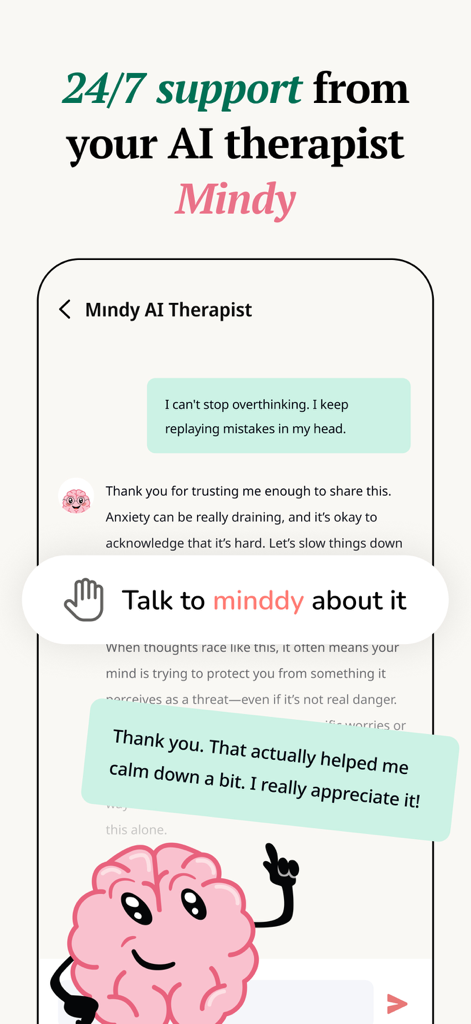 MindBuddy: Mood Journal & CBT - Interface of the MindBuddy app showing a chat conversation with Mindy the AI therapist about overthinking and anxiety