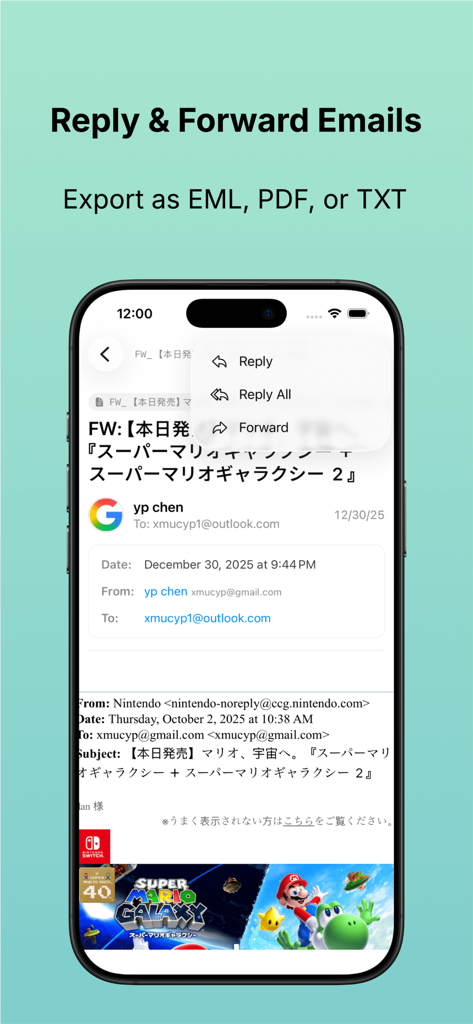 MSG Viewer - Email Opener - Interface do aplicativo MSG Viewer mostrando recursos de resposta, encaminhamento e exportação de e-mail no iPhone