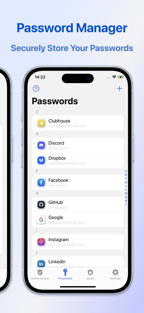 Authenticator App - Authy, 2FA - iPhone screenshot showing the password manager feature with a list of accounts including Discord, Facebook, and Google