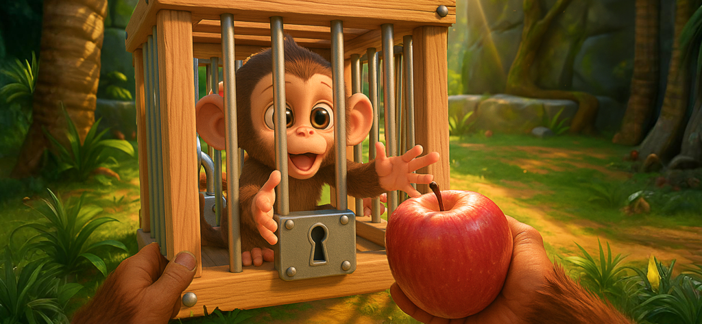 I Am Monkey: Naughty Pranks - A cute baby monkey inside a wooden cage reaching for a red apple in a lush jungle setting