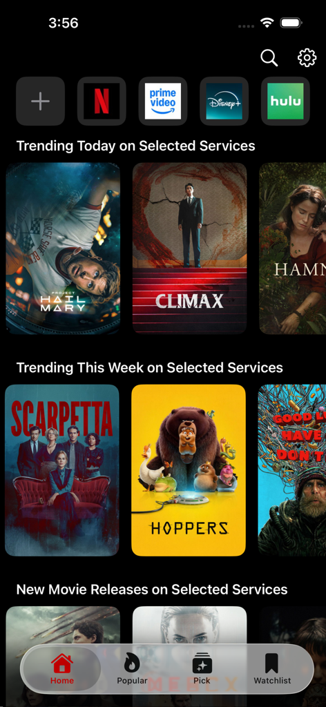 FlixPlay app home interface showing trending movies and streaming service filters